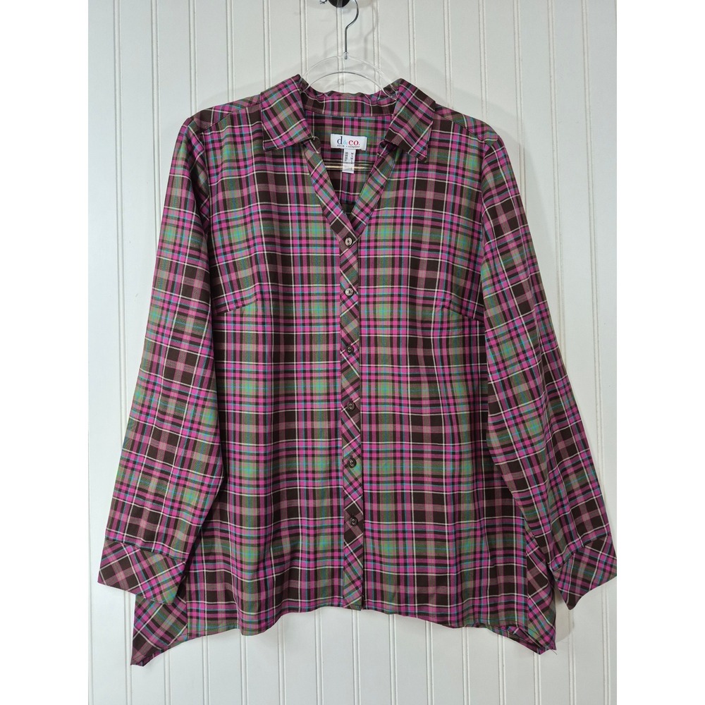 NWOT Denim & Co Womens Plaid Button Down Shirt Pink Green Sharkbite Hem Size L